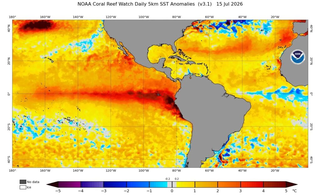 Legenda: Formação do El Niño nas regiões 3 e 4 do Oceano Pacífico, região mais escura no mapa. Créditos: Reprodução MetSul Metereologia
